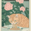 A ginger tabby cat is eating noodles from a bowl, set against a backdrop of green foliage and pink blossoms.