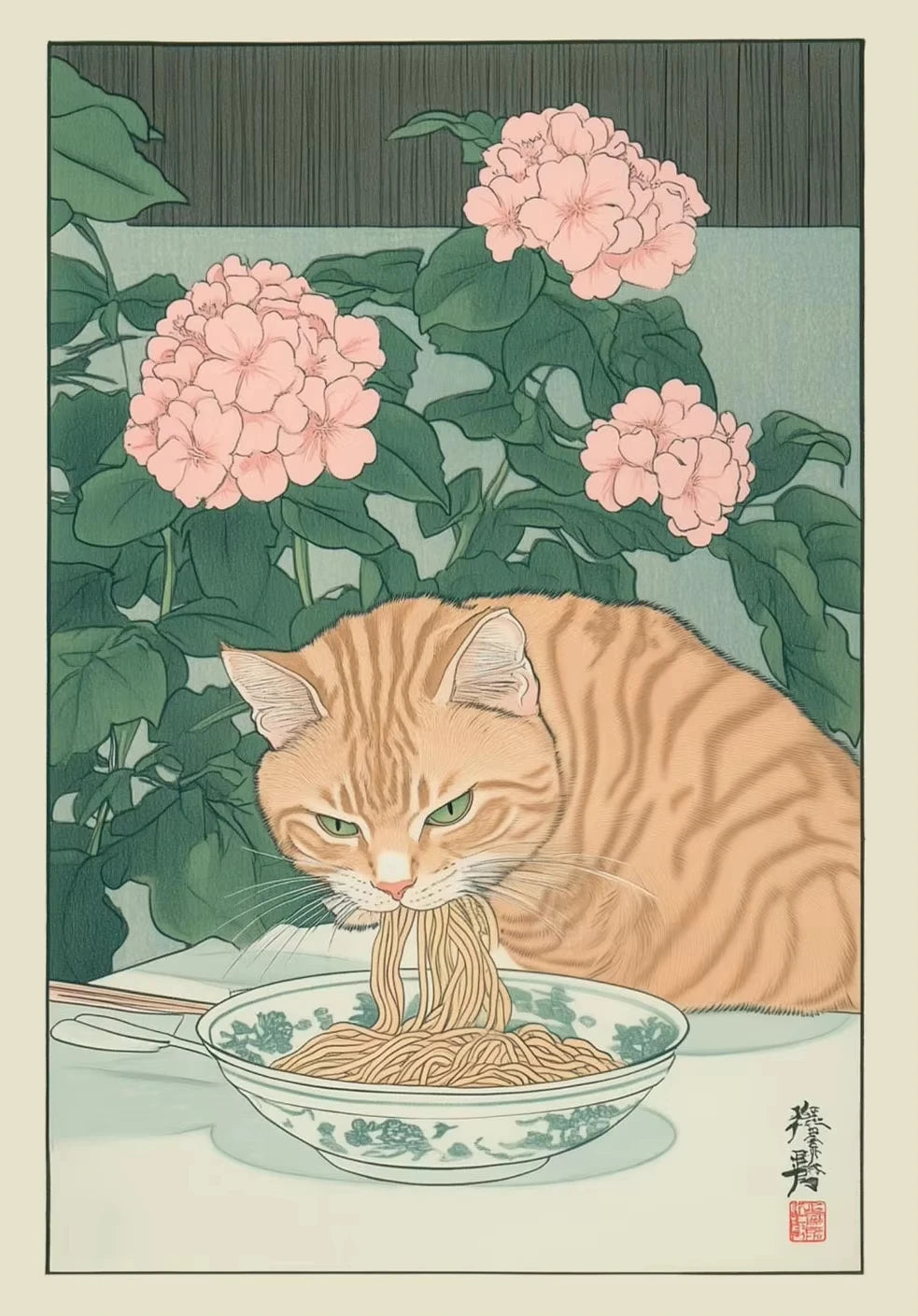 A ginger tabby cat is eating noodles from a bowl, set against a backdrop of green foliage and pink blossoms.