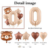 A set of caramel-colored foil balloons shaped like the number zero and heart, along with a bear-shaped balloon.