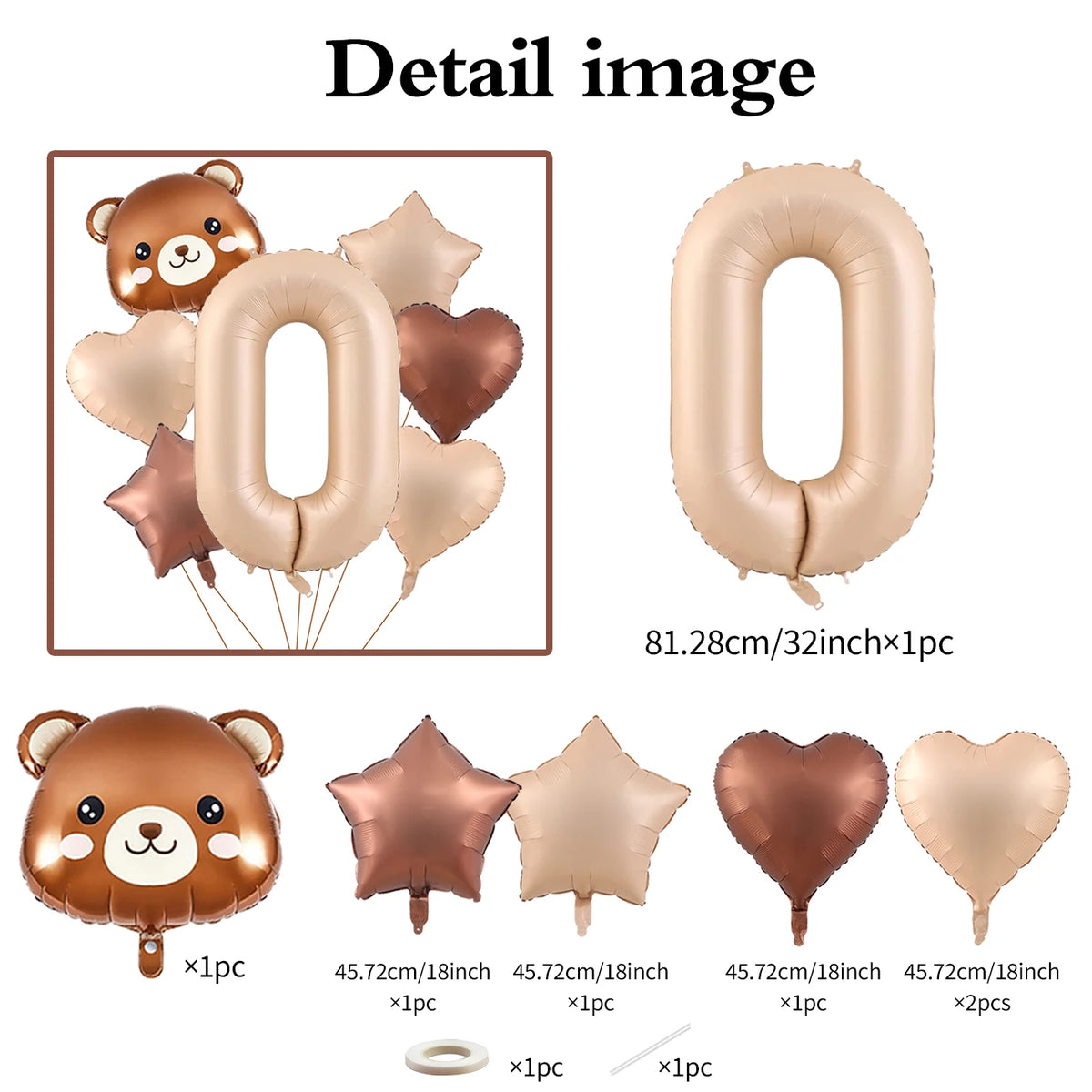 A set of caramel-colored foil balloons shaped like the number zero and heart, along with a bear-shaped balloon.