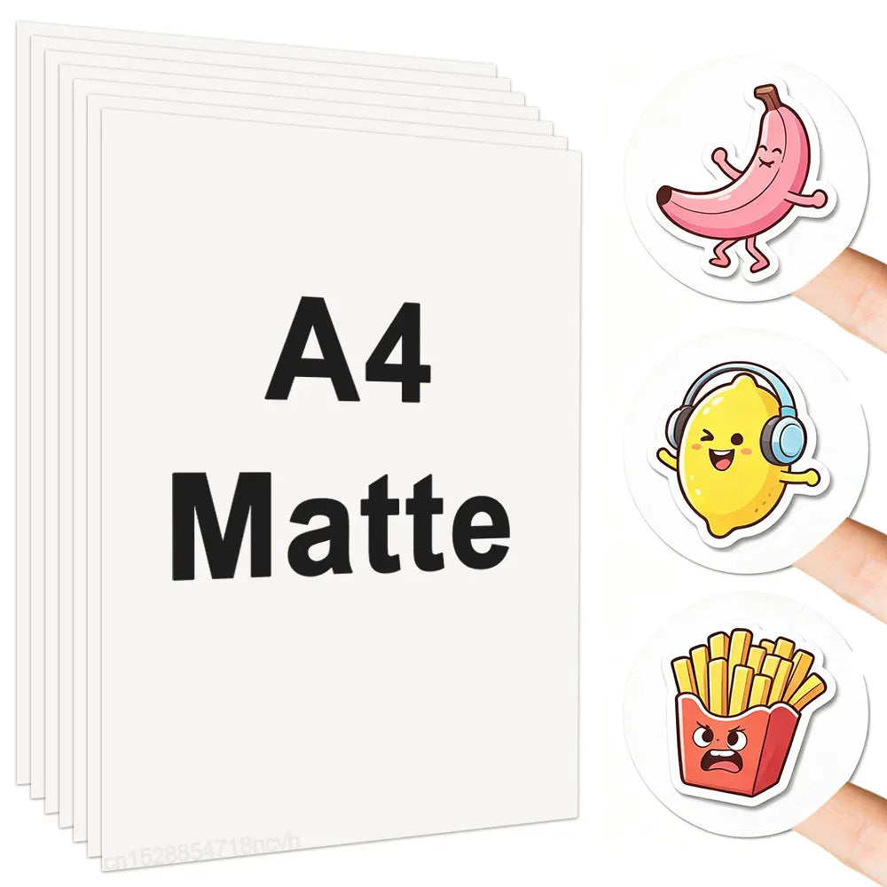 A set of ten A4 matte printable vinyl sticker sheets featuring cute fruit designs like a banana and lemon.