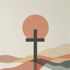 A minimalist canvas featuring a silhouette of a cross centered within a large, soft coral circle against a muted beige backgr