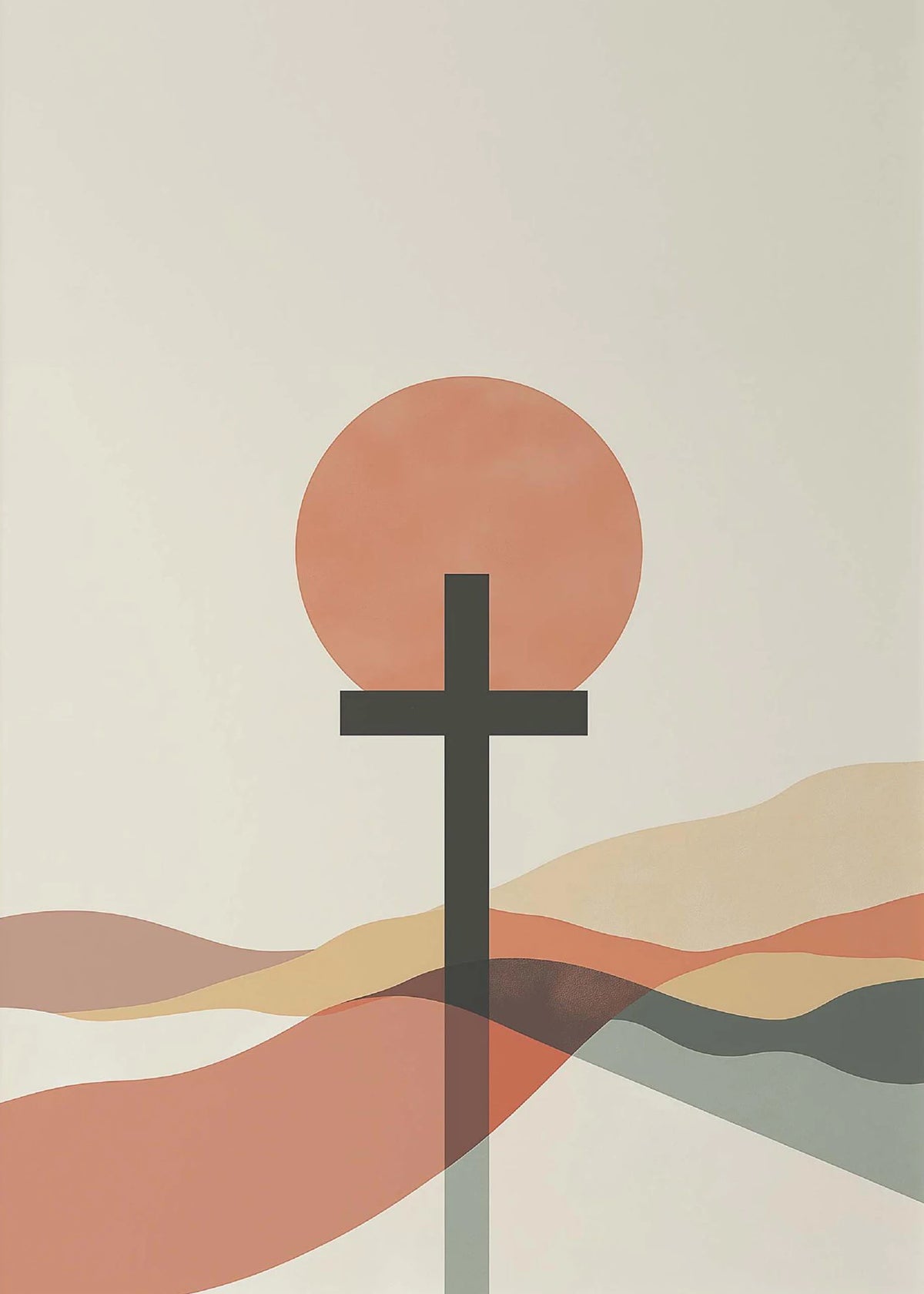 A minimalist canvas featuring a silhouette of a cross centered within a large, soft coral circle against a muted beige backgr