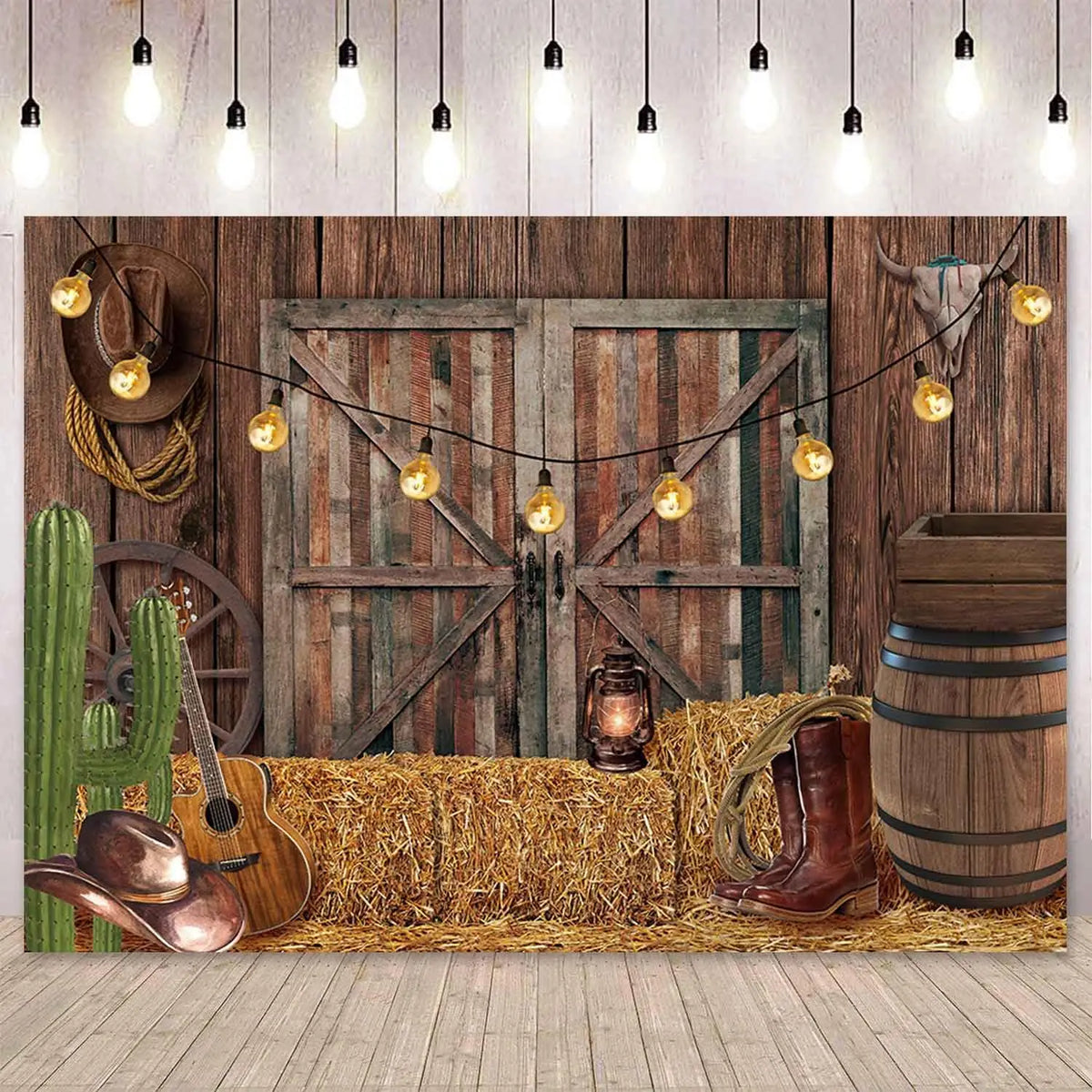 A rustic western backdrop featuring a wooden barn door, hay, leather boots, and various cowboy accessories.