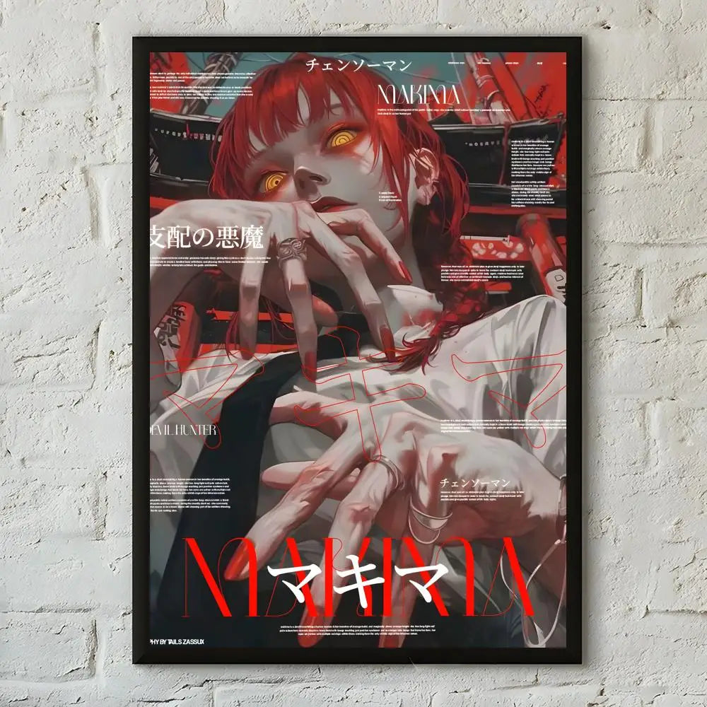 A poster featuring Makima from Chainsaw Man in a dramatic, close-up portrait with intense red hair and striking eyes.