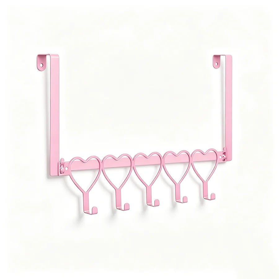 Pink heart over-the-door hook rack with five heart-shaped hooks for hanging items.