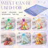 Decorative organza drawstring bags featuring moon and star patterns in various colors and floral accents.
