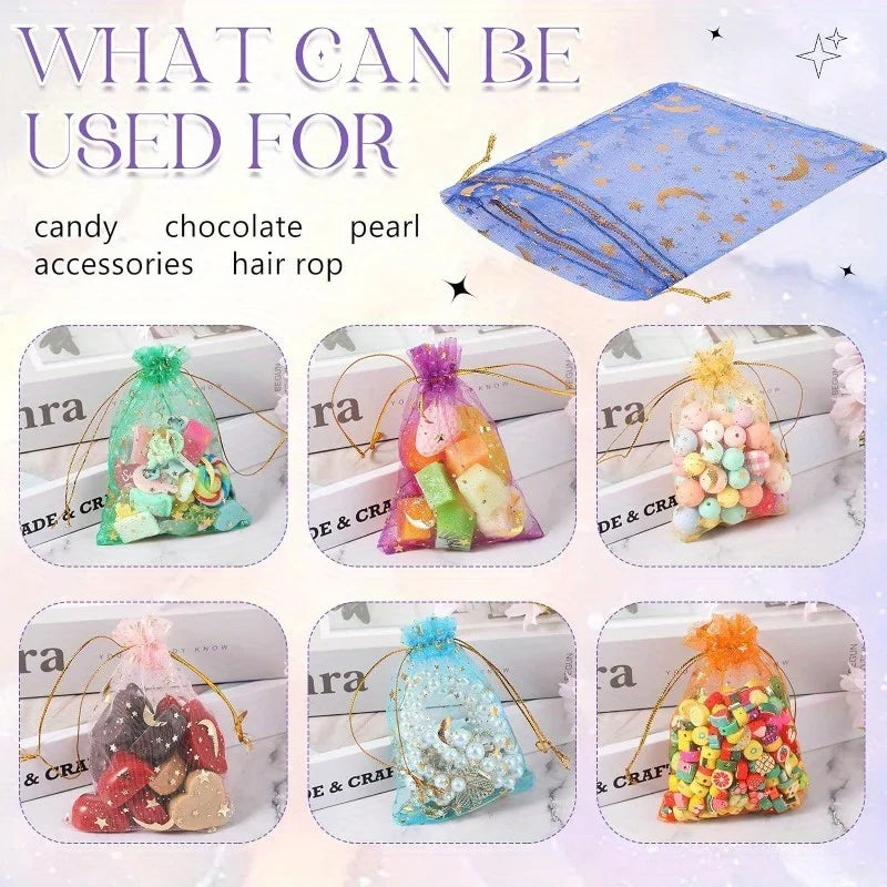 Decorative organza drawstring bags featuring moon and star patterns in various colors and floral accents.