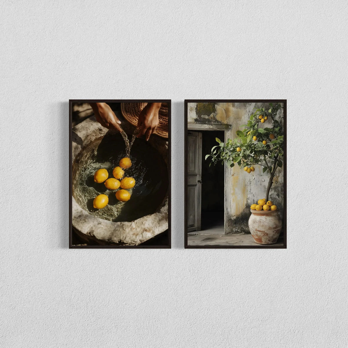 Two framed paintings depicting olive harvesting and a tree laden with fruit.