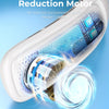 Close-up of an upgraded active noise reduction motor in a white portable neck fan, showing air volume and sound wave visualiz