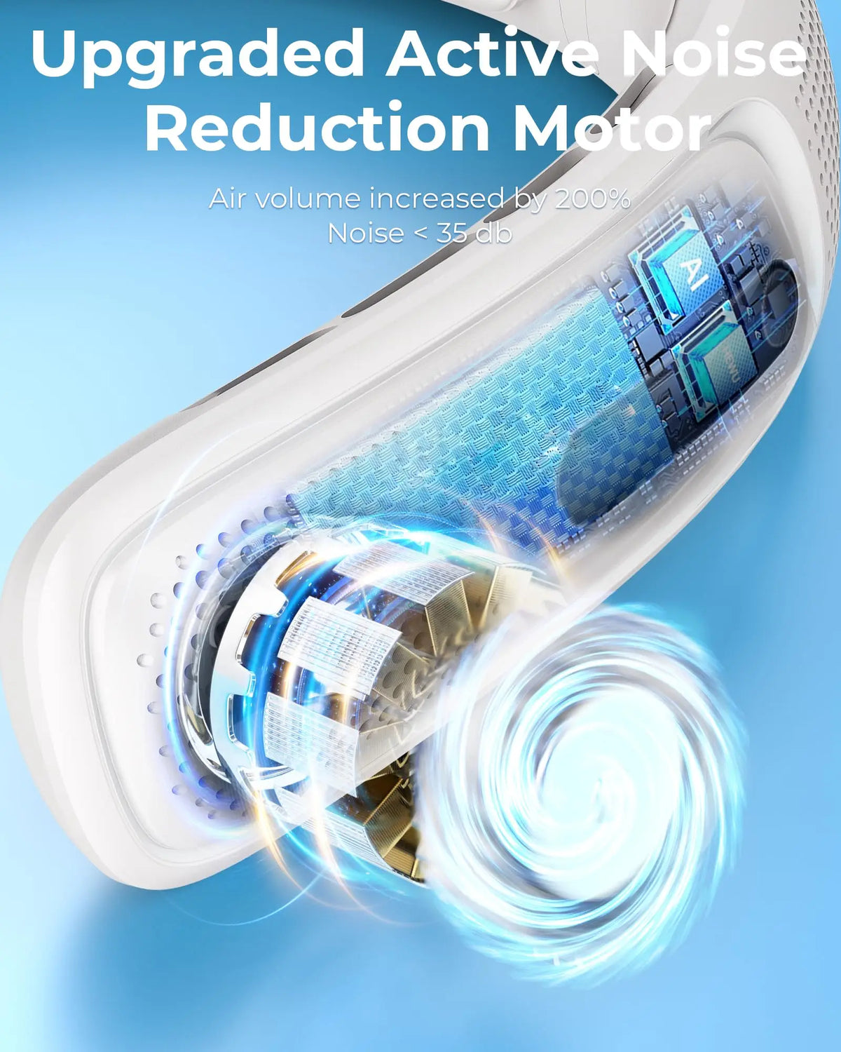 Close-up of an upgraded active noise reduction motor in a white portable neck fan, showing air volume and sound wave visualiz