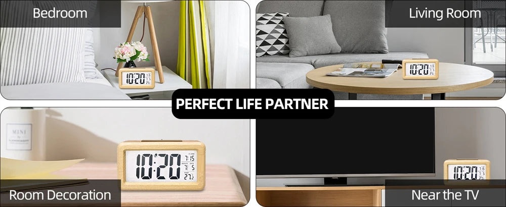 A solid wood digital alarm clock with calendar and temperature display is shown in various room settings.