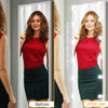Before and after comparison of a red top and dark skirt using a dimmable USB LED vanity light for a makeup mirror