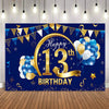 A dark blue party backdrop banner featuring gold lettering for Happy 13th Birthday with bunting and balloons.
