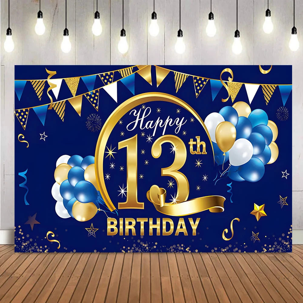 A dark blue party backdrop banner featuring gold lettering for Happy 13th Birthday with bunting and balloons.