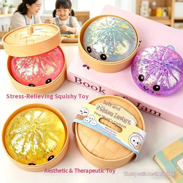 A collection of colorful squishy toys including a pink, yellow, and purple dumpling-shaped stress relief toy.
