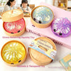 A collection of colorful squishy toys including a pink, yellow, and purple dumpling-shaped stress relief toy.
