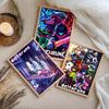 A set of three Deltarune themed posters featuring characters and artwork on light beige fabric.