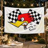 A white flag featuring a stylized red and yellow horse head design with a black and white checkered pattern.