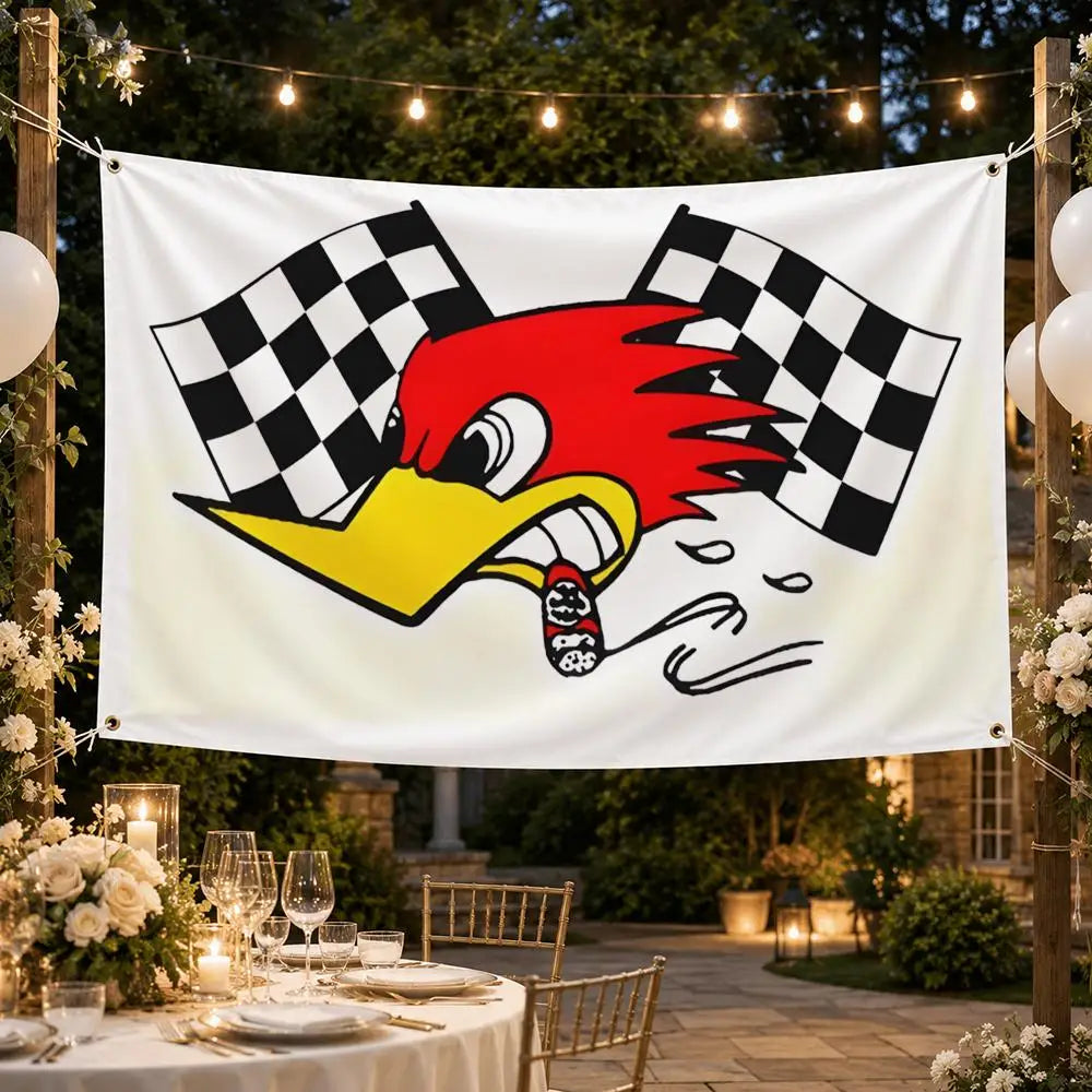 A white flag featuring a stylized red and yellow horse head design with a black and white checkered pattern.