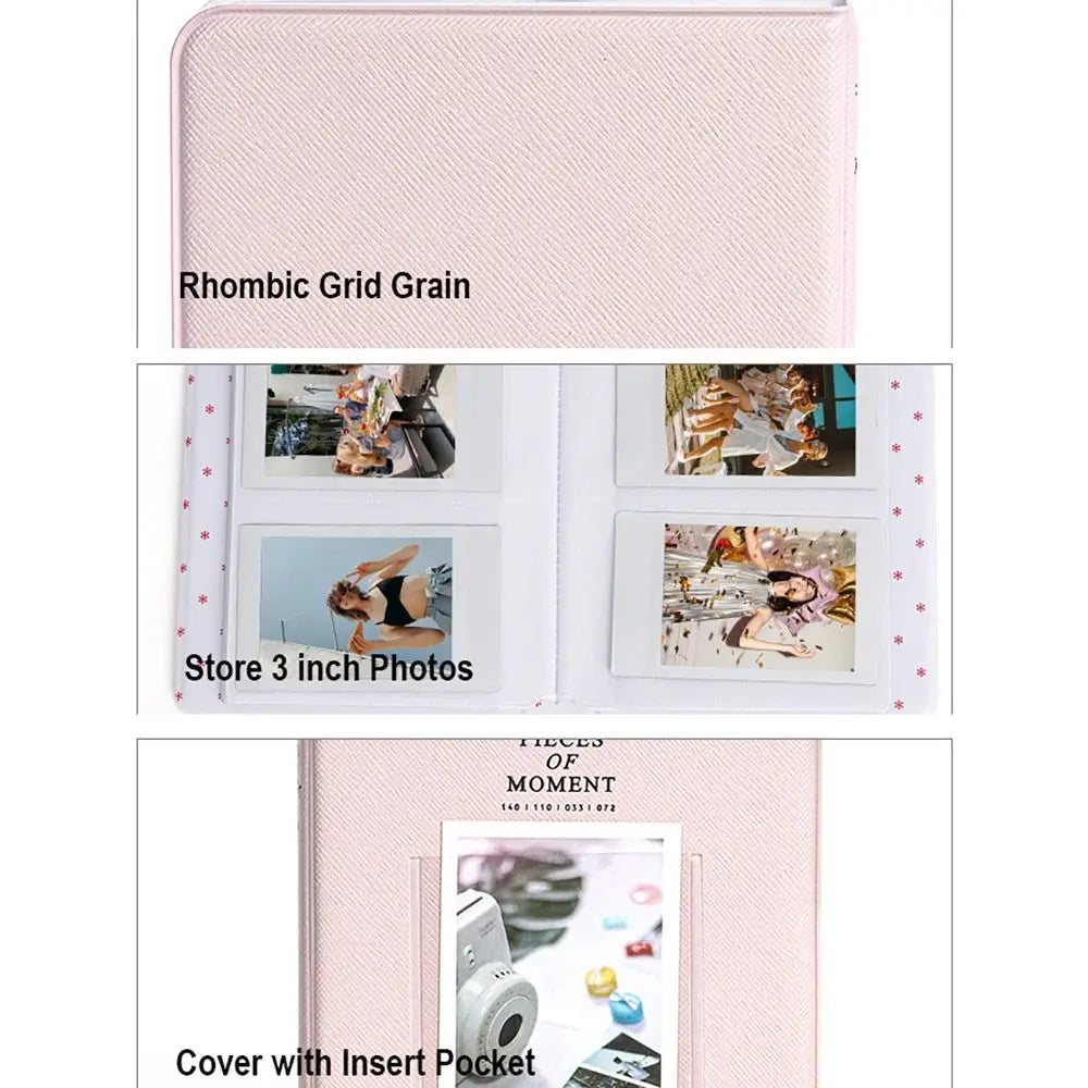 Pink rhombic grid grain photo album with insert pockets for instant cameras
