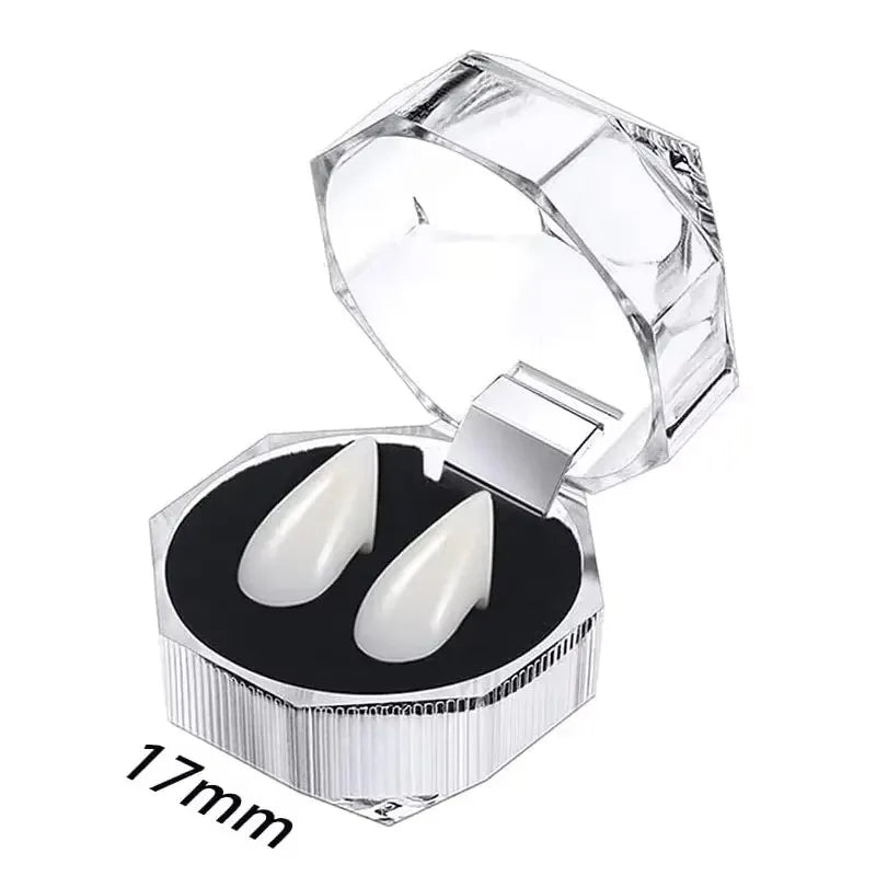 Clear plastic case of realistic vampire fangs with adjustable fit for Halloween costumes