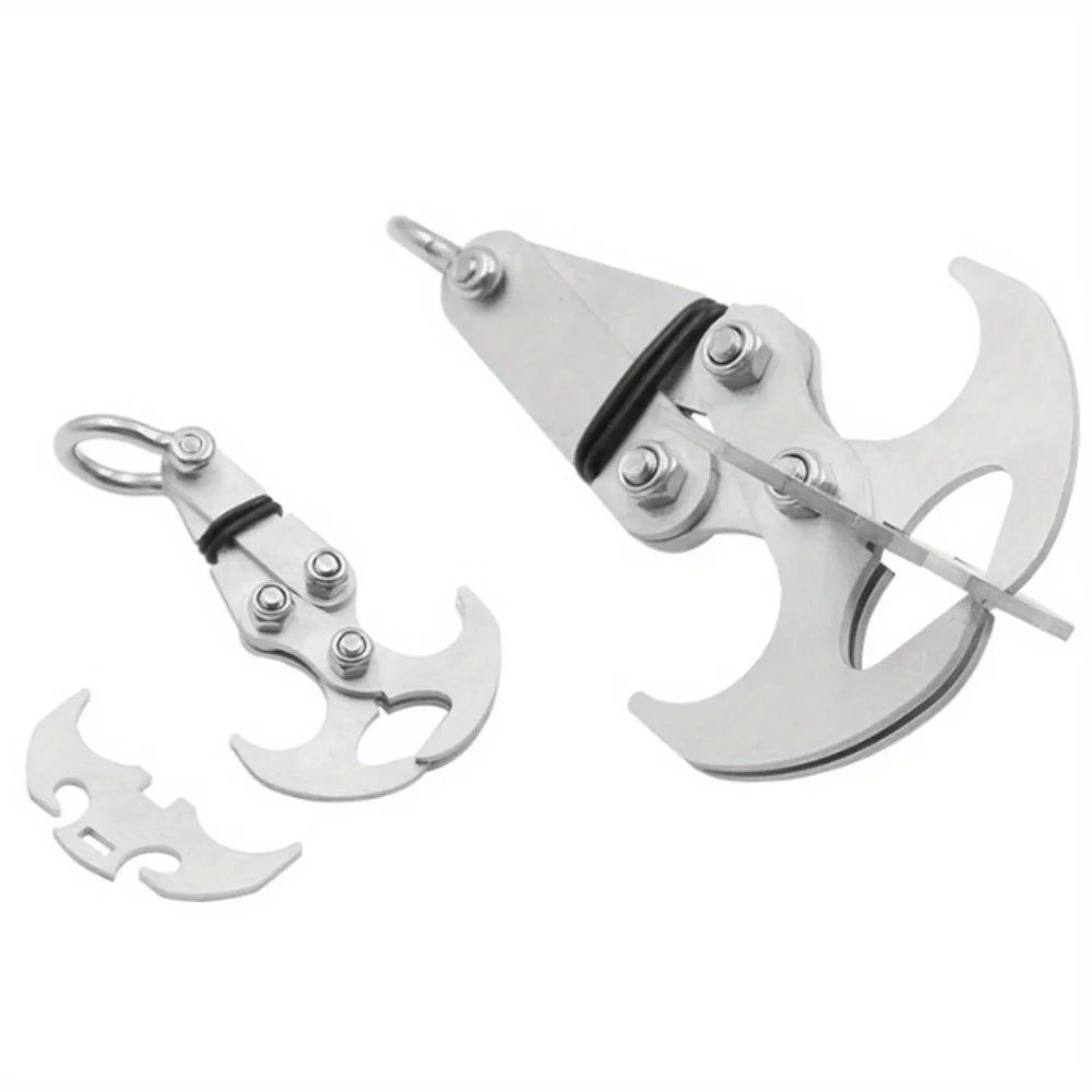 A heavy duty stainless steel gravity hook multi-tool with pliers and cutting edges.