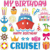 A set of colorful birthday cruise door magnets featuring candles, cakes, stars, and a ship.