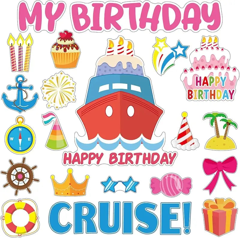 A set of colorful birthday cruise door magnets featuring candles, cakes, stars, and a ship.