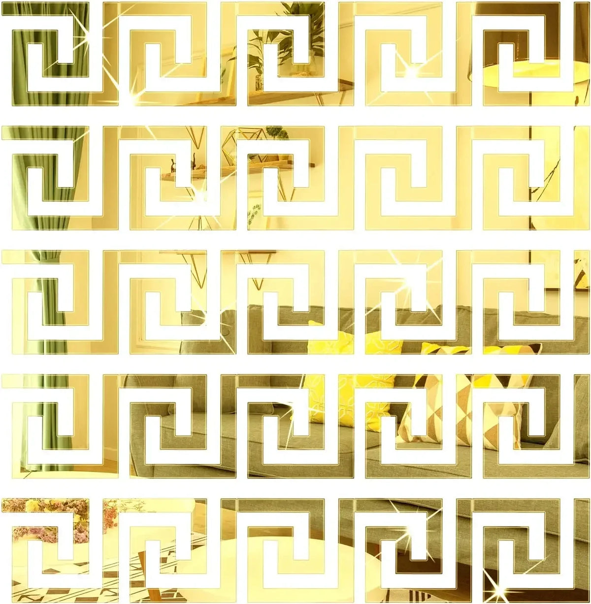 A grid of decorative white acrylic mirror wall stickers featuring a geometric maze pattern on a light wood background.