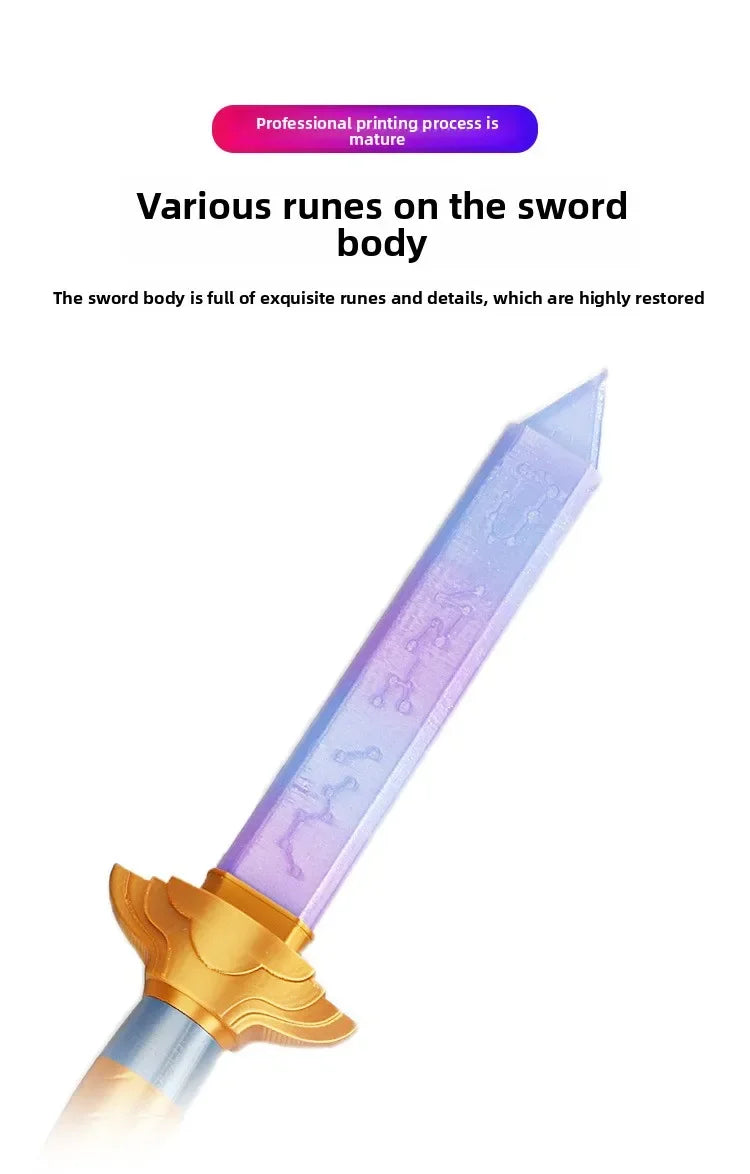A purple sword with intricate runes on the blade and a gold hilt, used as a cosplay prop.