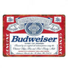 Vintage metal sign for Budweiser beer featuring the brand logo and text