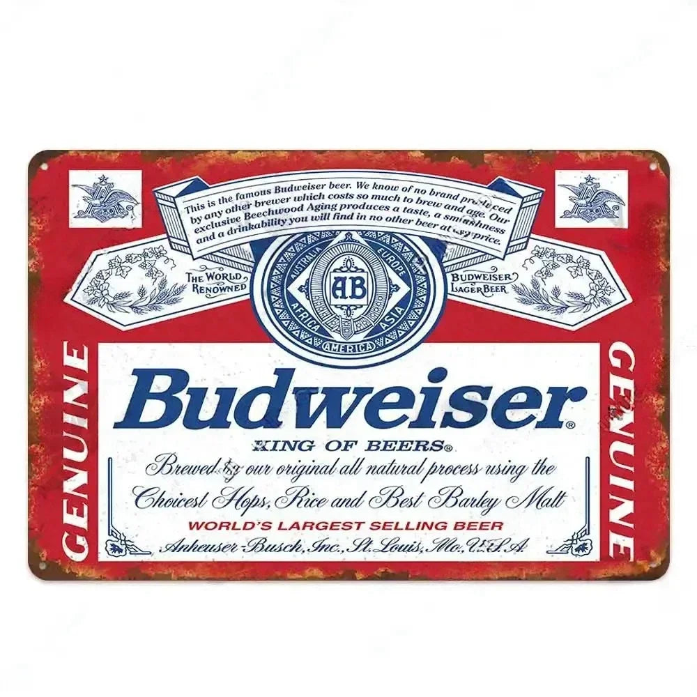 Vintage metal sign for Budweiser beer featuring the brand logo and text
