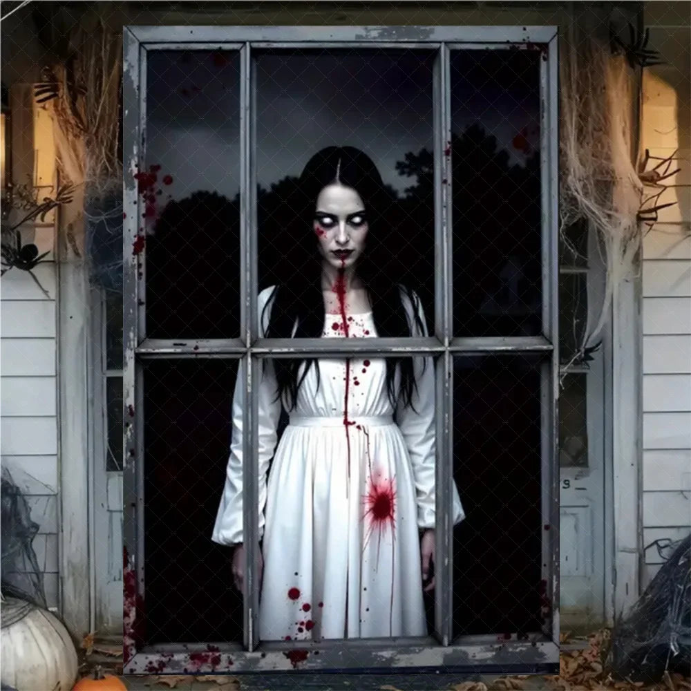 A spooky Halloween window banner featuring a woman with dark hair and blood splatter in front of a glass window.