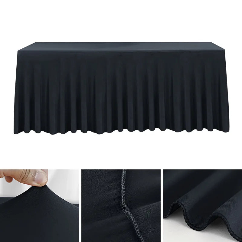 Black stretch rectangle tablecloth featuring vertical pleats and a finished edge detail.
