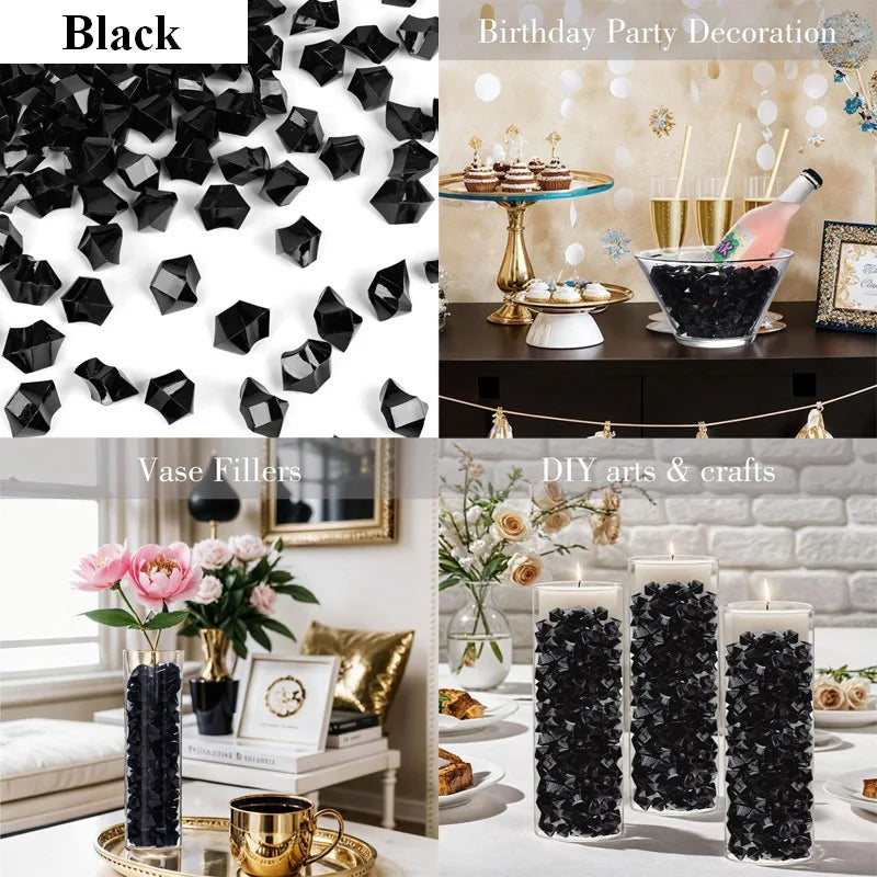 Black decorative crushed diamond acrylic pebbles used for birthday party decoration and DIY crafts