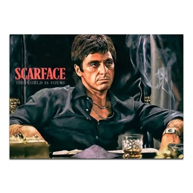 Affiche de film dramatique mettant en vedette Al Pacino dans le rôle de Scarface dans un décor sombre.