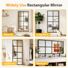 A collection of rectangular mirrors in black frames shown in various home settings including a bedroom, living room, cloakroo