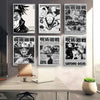 A collection of four vertical posters featuring characters and artwork from the Jujutsu Kaisen anime series displayed on a wh