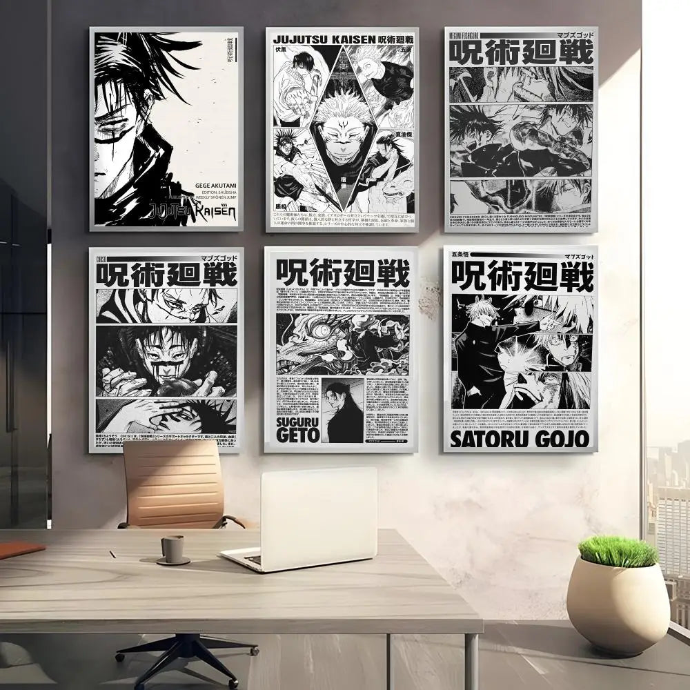 A collection of four vertical posters featuring characters and artwork from the Jujutsu Kaisen anime series displayed on a wh