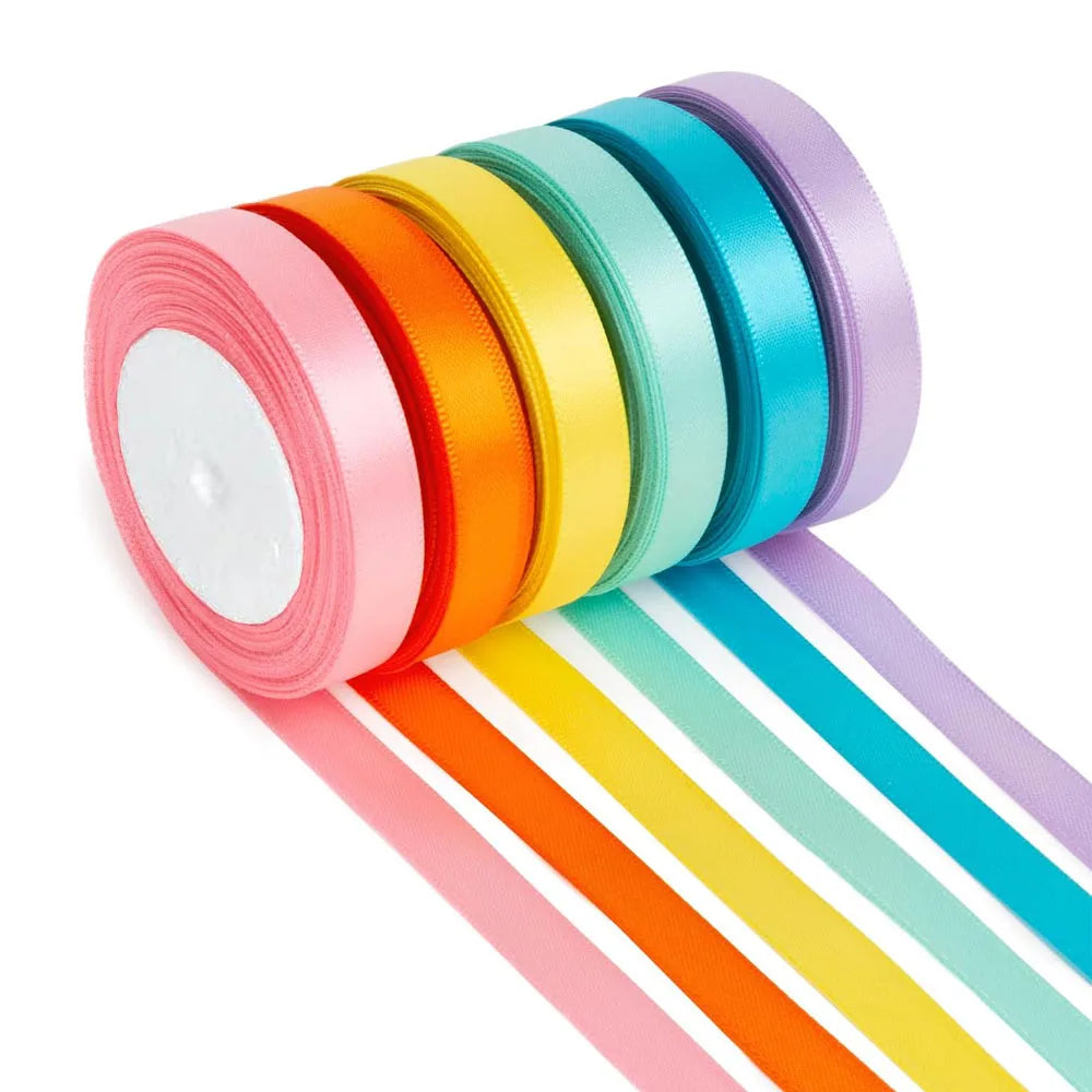 A roll of satin silk ribbon set featuring multiple colors including orange, yellow, green, and purple.