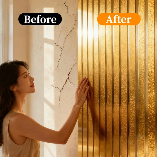 Before and after comparison of metallic gold striped peel-and-stick wallpaper on a wall.
