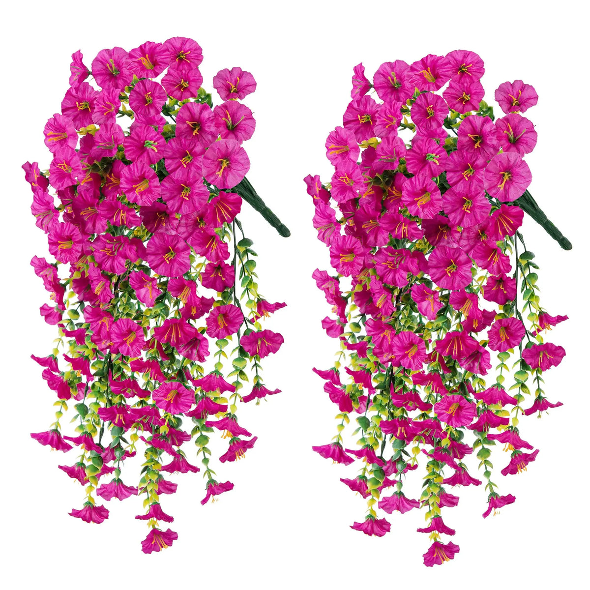 A pair of artificial morning glory hanging flowers in vibrant pink and green.
