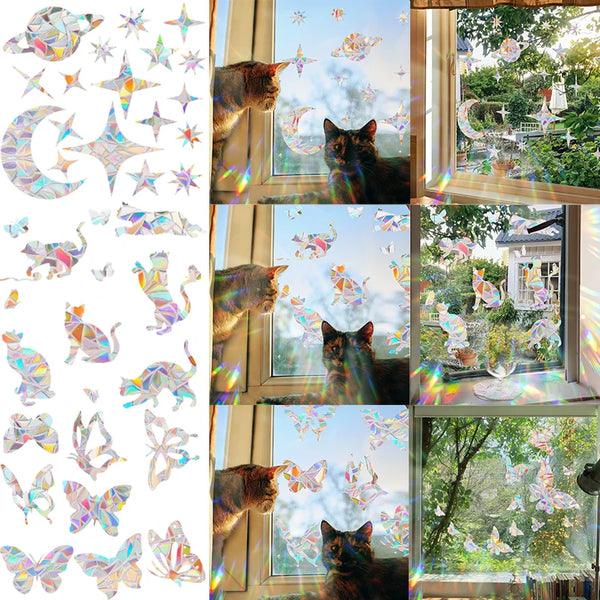 Window stickers featuring various sun catcher designs and cat silhouettes on glass