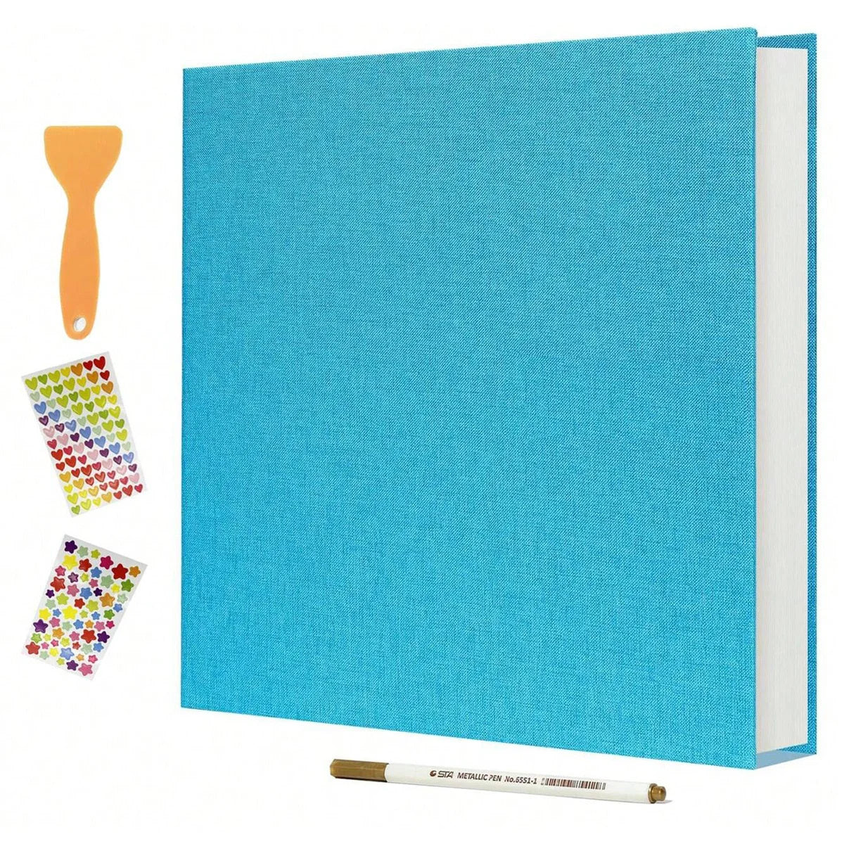 A turquoise linen scrapbook photo album with a wooden tool and colorful self-adhesive pages displayed on a white background.