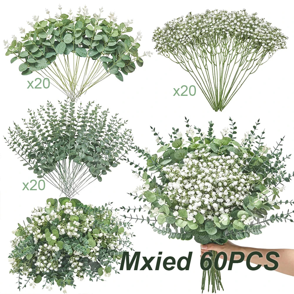 A collection of 60 artificial bouquets featuring mixed eucalyptus and willow greenery.