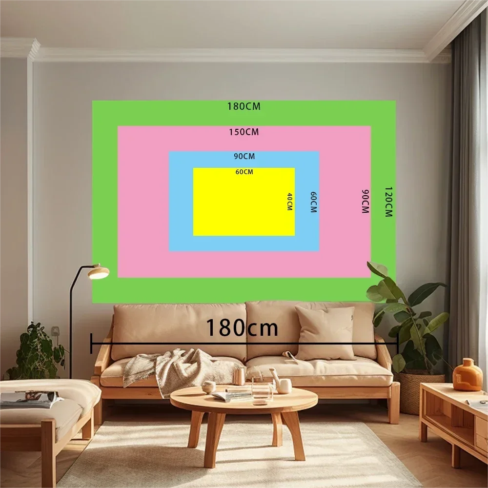 Sala de estar con un sofá y una gran obra de arte enmarcada con medidas.