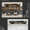 Before and after images showing a kitchen wall renovation with a stainless steel hood and tile replacement.