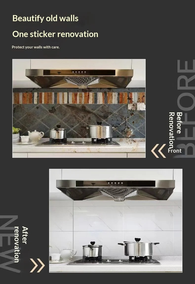 Before and after images showing a kitchen renovation of old walls with marble peel-and-stick tile stickers.
