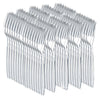 A collection of disposable plastic silverware forks arranged in a row.